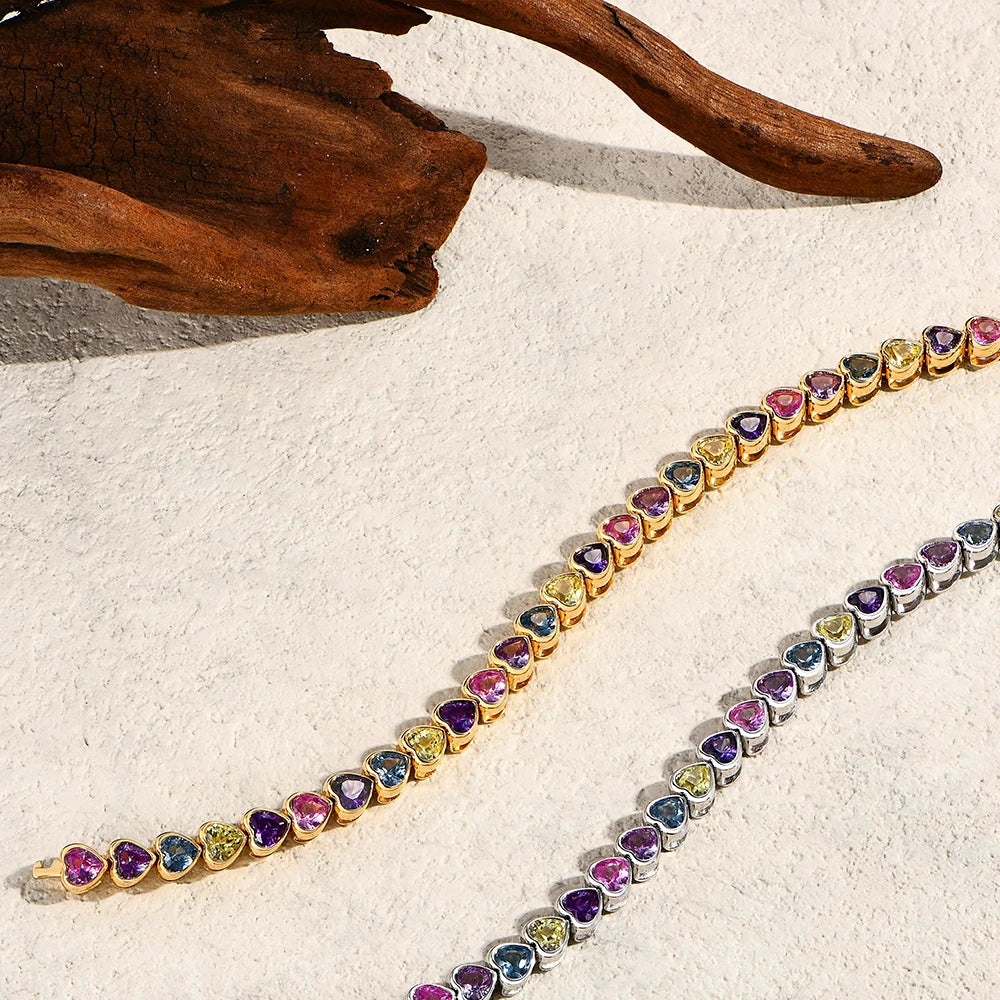 S925 Sterling Silver Heart-shape Sapphire Colorful Bracelet