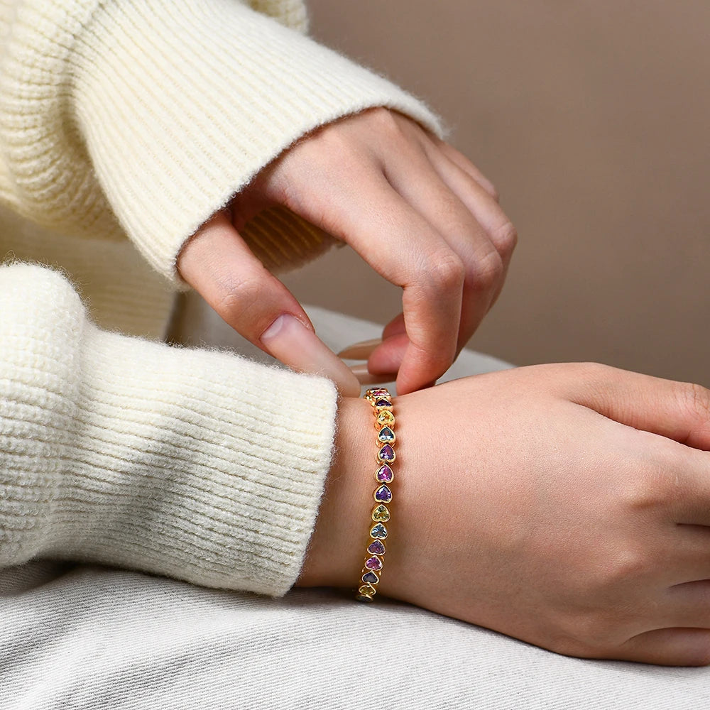 S925 Sterling Silver Heart-shape Sapphire Colorful Bracelet