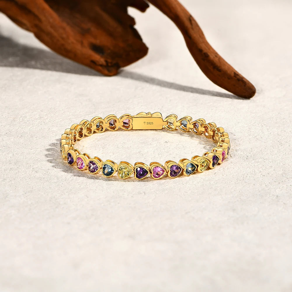 S925 Sterling Silver Heart-shape Sapphire Colorful Bracelet