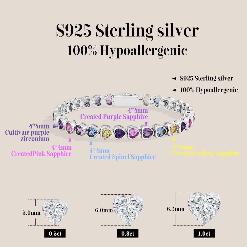 S925 Sterling Silver Heart-shape Sapphire Colorful Bracelet
