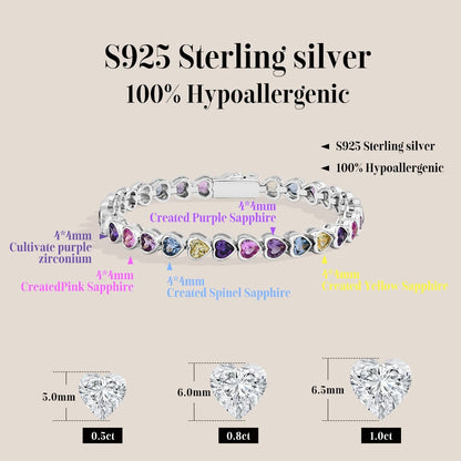 S925 Sterling Silver Heart-shape Sapphire Colorful Bracelet