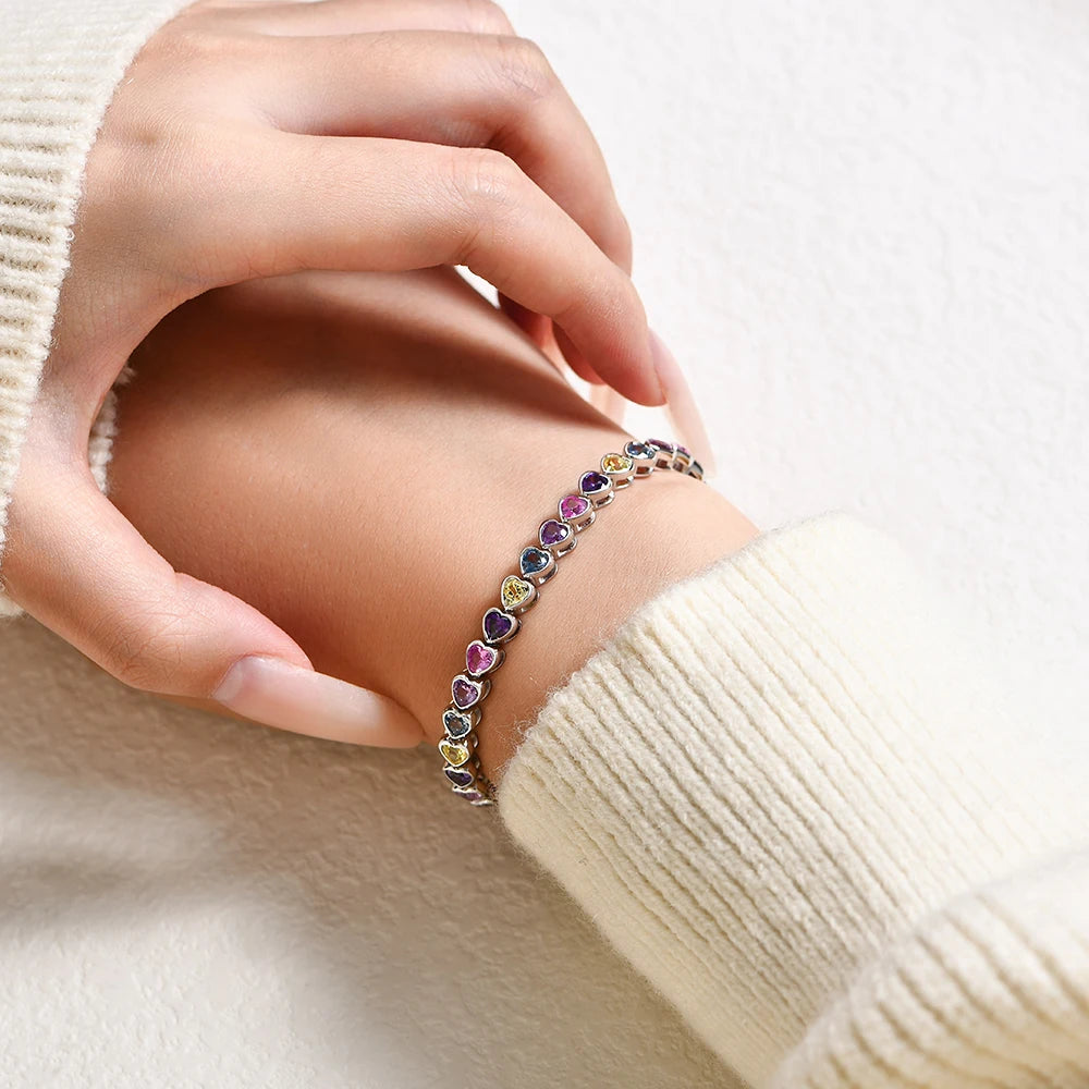 S925 Sterling Silver Heart-shape Sapphire Colorful Bracelet