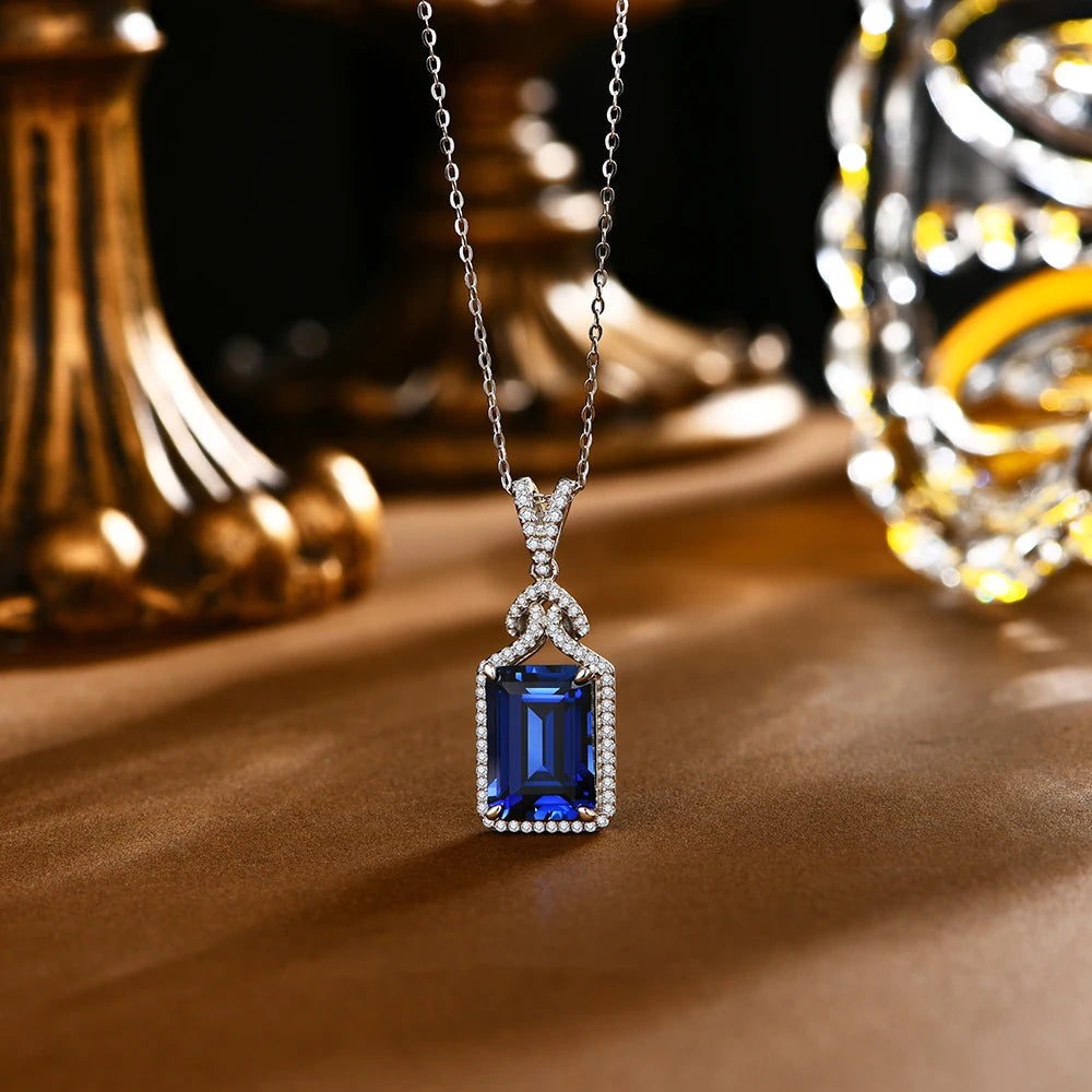 14*10mm Blue Sapphire 925 Sterling Silver Necklace